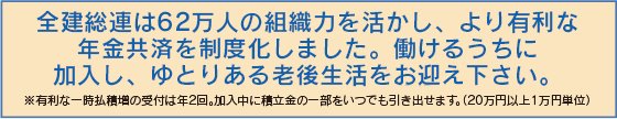 全建総連は61万人の組織力を活かし、より有利な年金共済を制度化しました。働けるうちに加入し、ゆとりある老後生活をお迎え下さい。※有利な一時払積増の受付は年2回。加入中に積立金の一部をいつでも引き出せます。(20万円以上1万円単位)